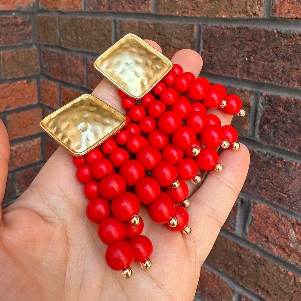 Red Cascade Beaded Earrings - Picture 3 of 5
